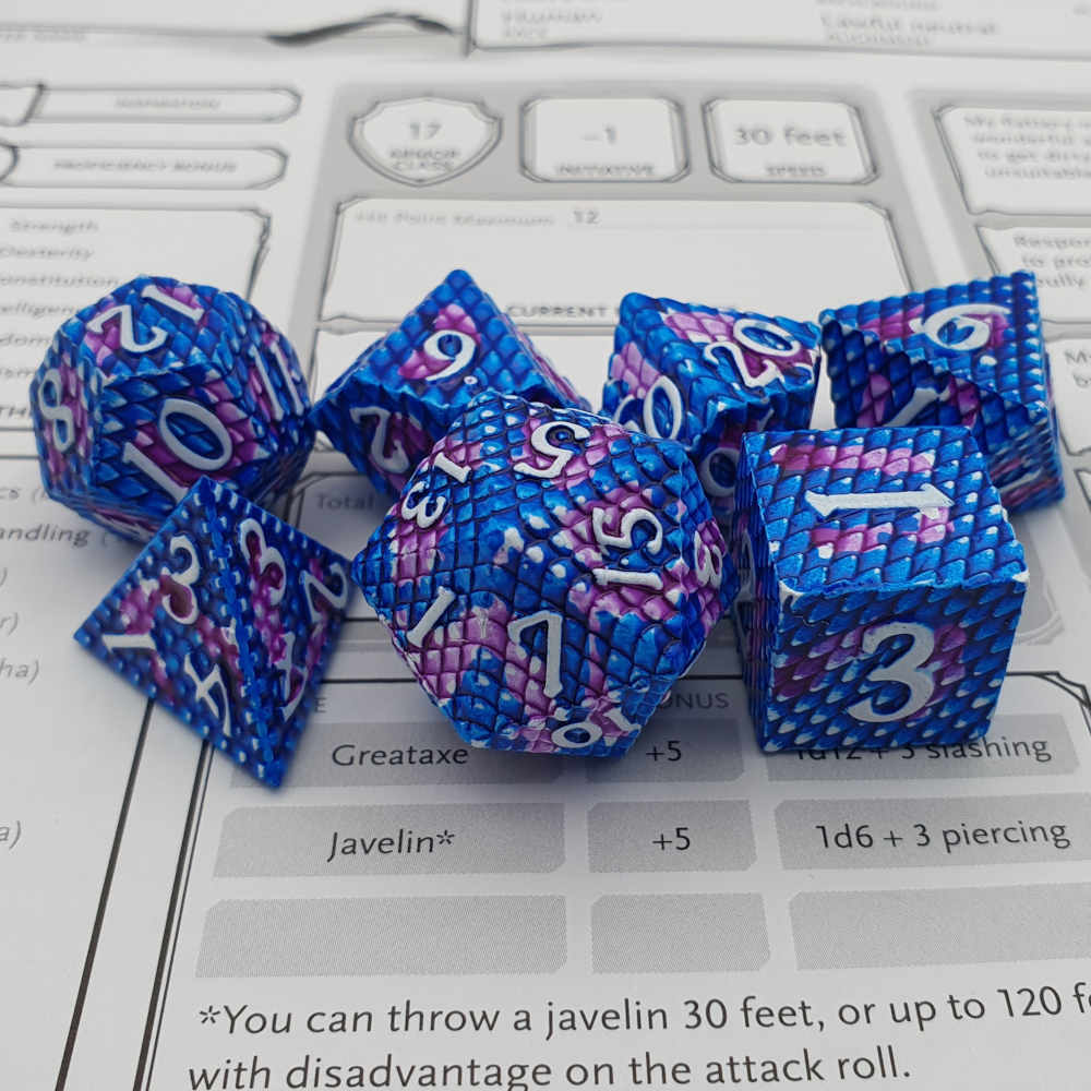 Blue galaxy dragonscale dice set