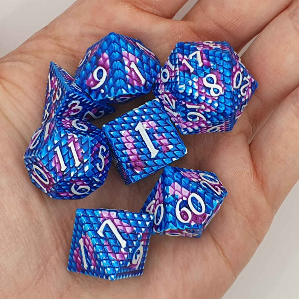 Blue galaxy dragonscale dice set