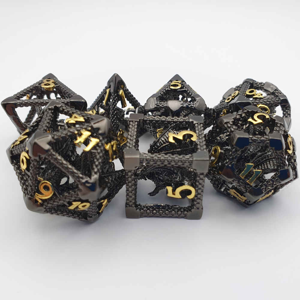 Encapsulated black gold dragon metal dice set