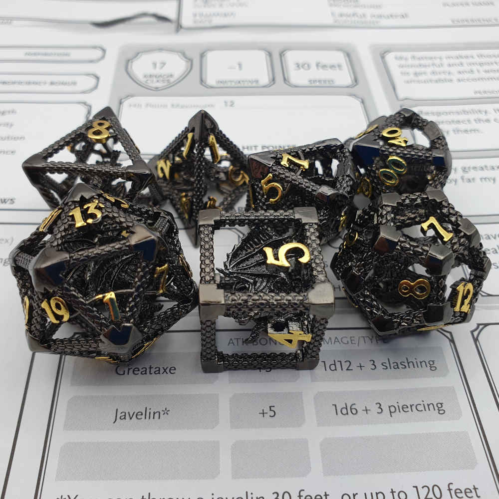 Encapsulated black gold dragon metal dice set