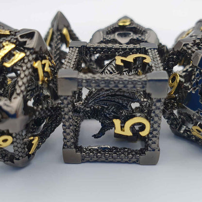 Encapsulated black gold dragon metal dice set