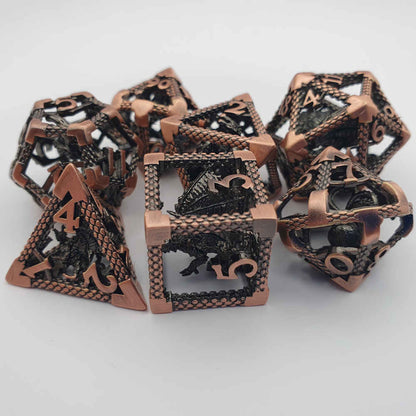 Encapsulated copper dragon metal dice set