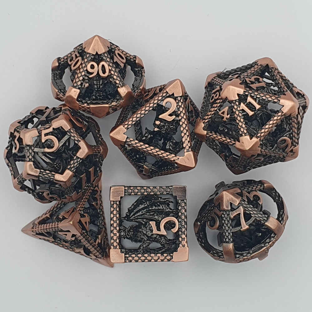 Encapsulated copper dragon metal dice set