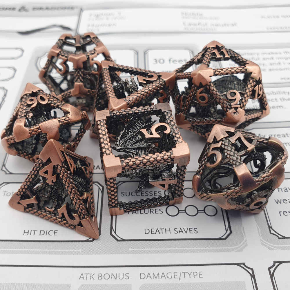 Encapsulated copper dragon metal dice set