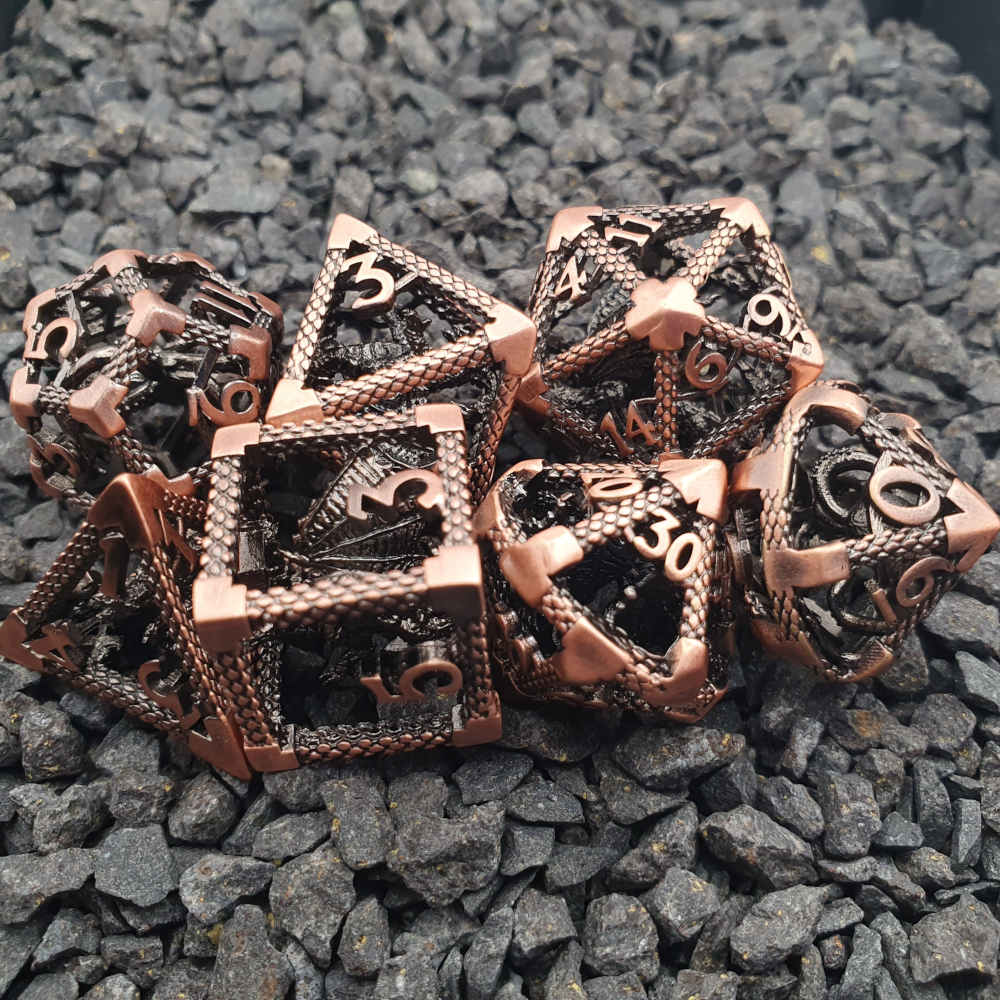 Encapsulated copper dragon metal dice set