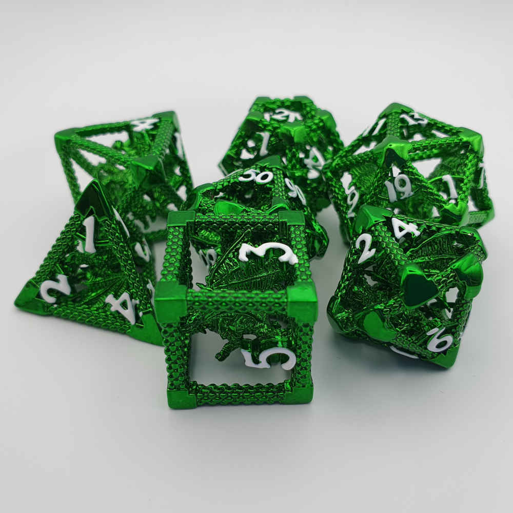 Encapsulated green dragon metal dice set