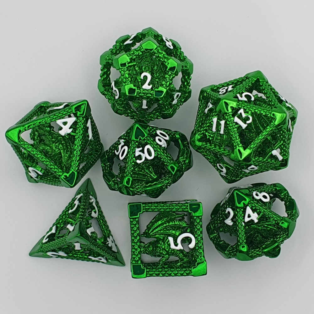 Encapsulated green dragon metal dice set