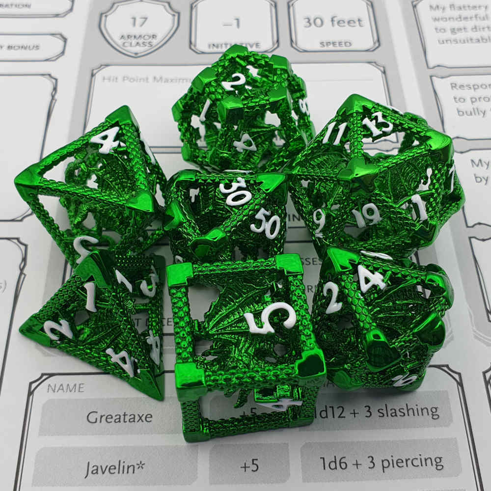 Encapsulated green dragon metal dice set