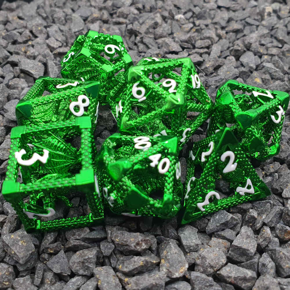 Encapsulated green dragon metal dice set