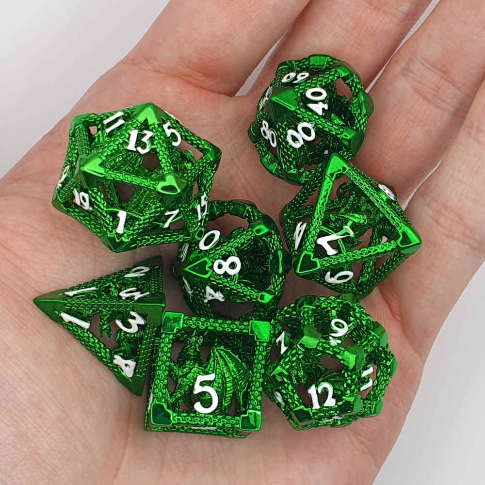 Encapsulated green dragon metal dice set