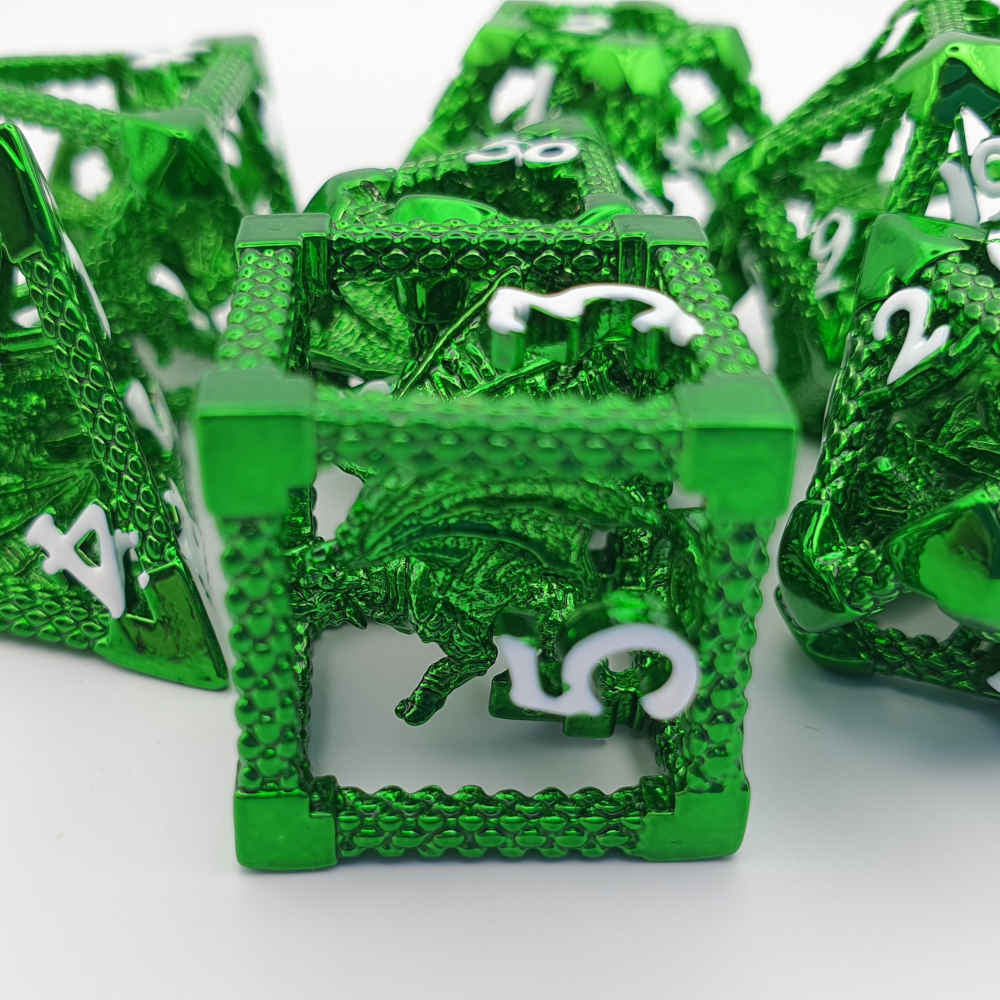 Encapsulated green dragon metal dice set