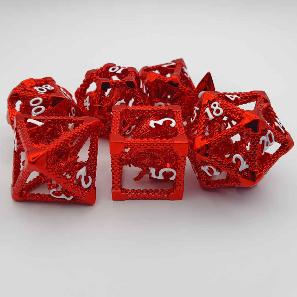 Encapsulated red dragon metal dice set