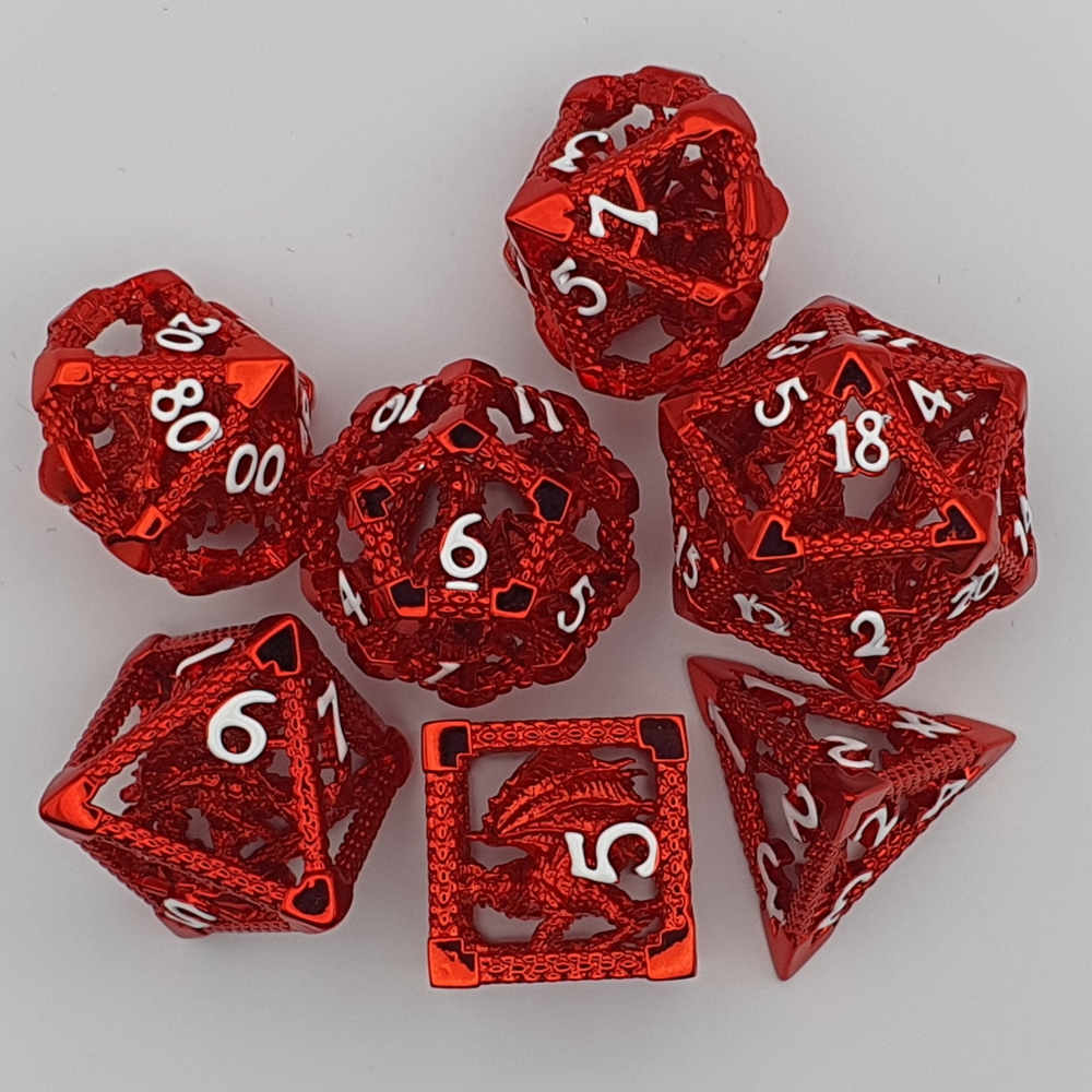 Encapsulated red dragon metal dice set