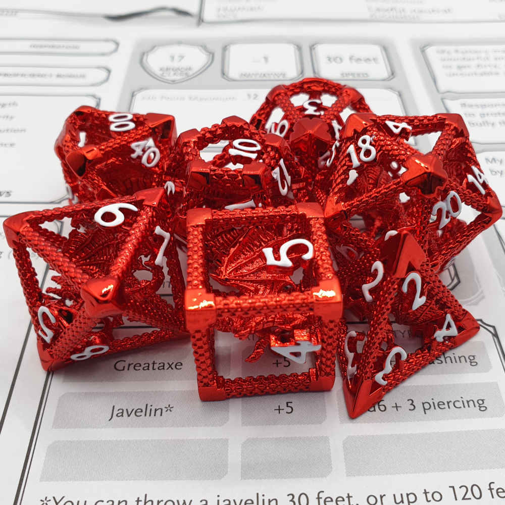 Encapsulated red dragon metal dice set