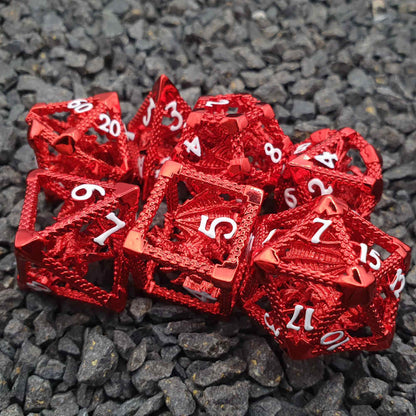 Encapsulated red dragon metal dice set