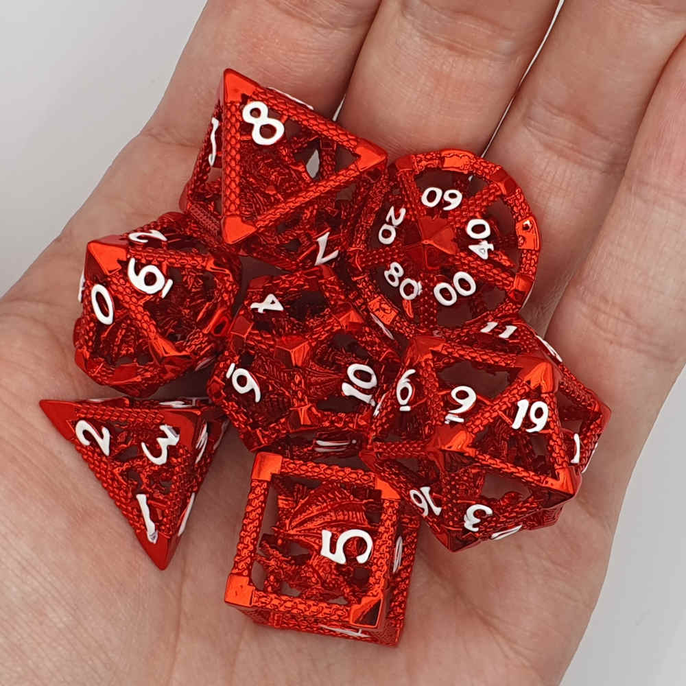 Encapsulated red dragon metal dice set