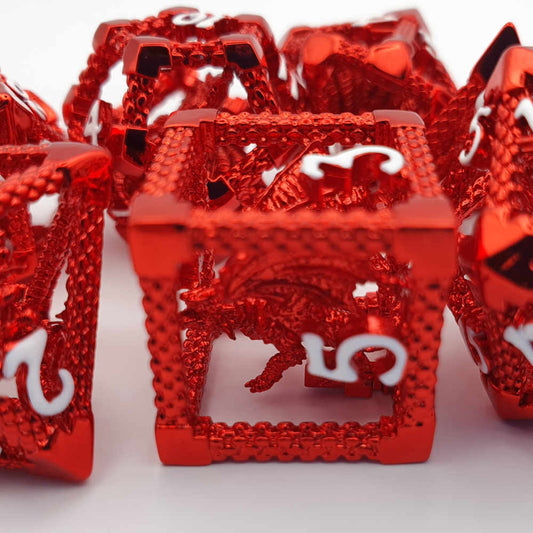 Encapsulated red dragon metal dice set